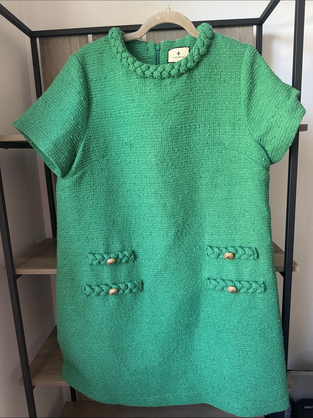 Tuckernuck Jackie Green Tweed Shift Dress Gold Buttons